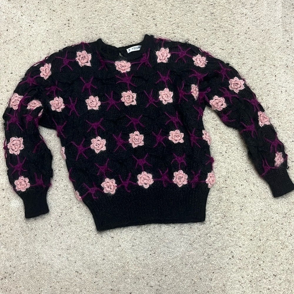Vintage K-Factory by Rob Paynter Black Sweater with pink roses One Size